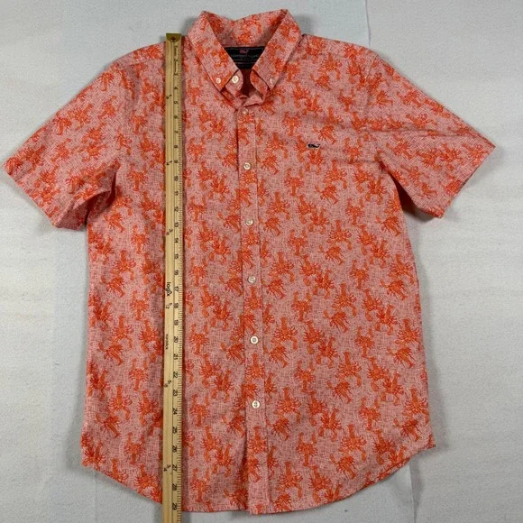 Vineyard Vines Mens Slim Fit Whale Shirt Orange Lobster Print Cotton M Short Slv - Picture 4 of 6